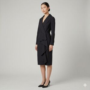 MAX MARA Black Cotton Draped Shawl Collar Long Sleeve Ruffle Wrap Dress Sz 10